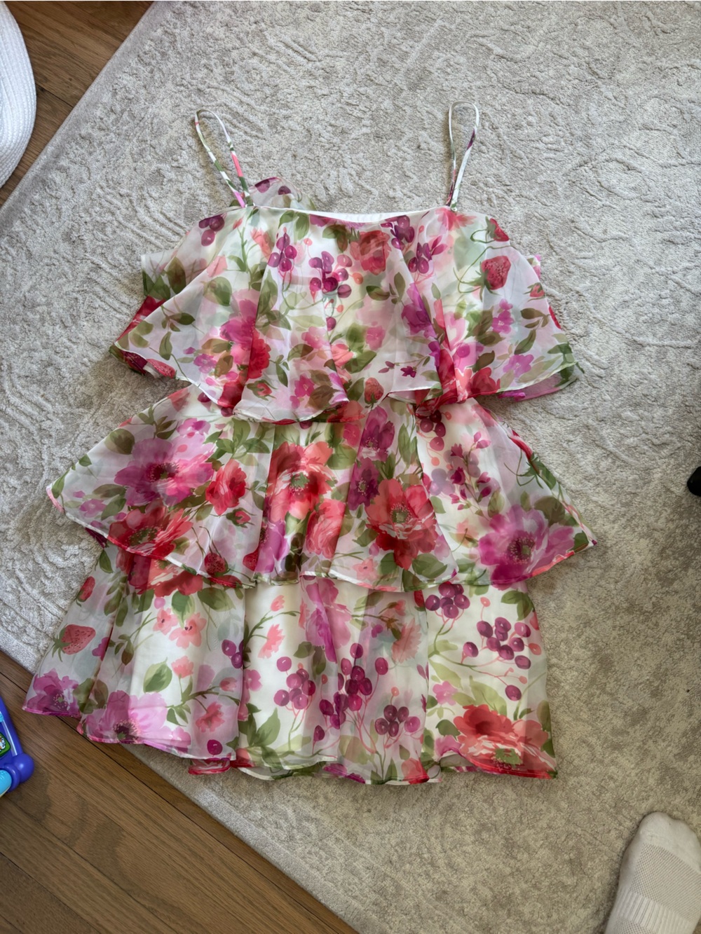 Abercrombie & Fitch Floral Strapless Ruffle Crop Top - White, Pink & Green